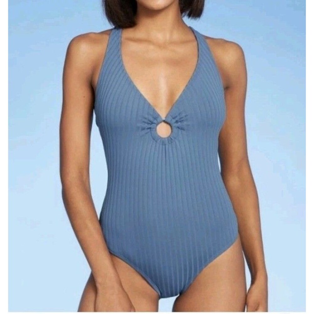 Kona Sol Blue Ribbed One Piece Swimsuit Ring Front Lace Up Back Womens M EUC